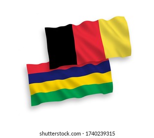 National vector fabric wave flags of Mauritius and Belgium isolated on white background. 1 to 2 proportion.