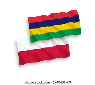 National vector fabric wave flags of Mauritius and Poland isolated on white background. 1 to 2 proportion.