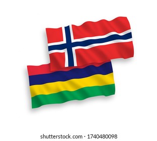 National vector fabric wave flags of Norway and Mauritius isolated on white background. 1 to 2 proportion.