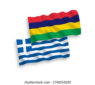 National vector fabric wave flags of Greece and Mauritius isolated on white background. 1 to 2 proportion.