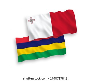 National vector fabric wave flags of Malta and Mauritius isolated on white background. 1 to 2 proportion.