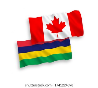 Banderas de olas de tela vectorial nacionales de Canadá y Mauricio aisladas en fondo blanco. de 1 a 2.