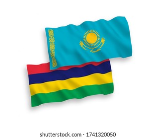 National vector fabric wave flags of Kazakhstan and Mauritius isolated on white background. 1 to 2 proportion.