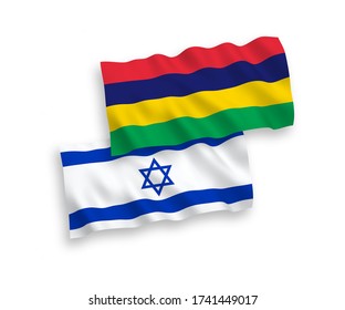 National vector fabric wave flags of Mauritius and Israel isolated on white background. 1 to 2 proportion.