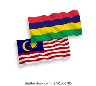 Banderas de olas de tela vectorial nacional de Mauricio y Malasia aisladas en fondo blanco. de 1 a 2.