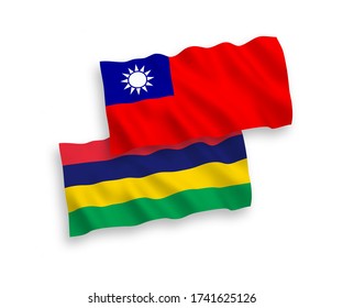 National vector fabric wave flags of Mauritius and Taiwan isolated on white background. 1 to 2 proportion.