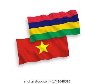 Nationale Vektor-Wellen-Fahnen von Mauritius und Vietnam isoliert auf weißem Hintergrund. 1 bis 2 Anteil.