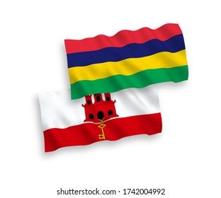 National vector fabric wave flags of Mauritius and Gibraltar isolated on white background. 1 to 2 proportion.