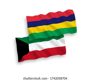Nationale Vektor-Wellen-Fahnen von Mauritius und Kuwait isoliert auf weißem Hintergrund. 1 bis 2 Anteil.