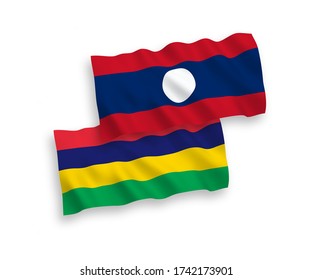 Nationale Vektor-Wellen-Fahnen von Mauritius und Laos isoliert auf weißem Hintergrund. 1 bis 2 Anteil.