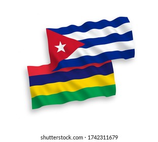 National vector fabric wave flags of Mauritius and Cuba isolated on white background. 1 to 2 proportion.