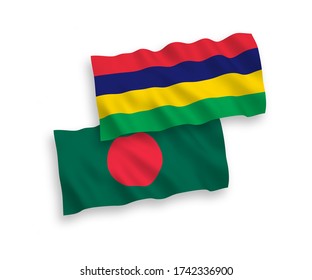 National vector fabric wave flags of Mauritius and Bangladesh isolated on white background. 1 to 2 proportion.