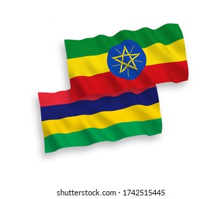 Nationale Vektor-Wellen-Fahnen von Mauritius und Äthiopien isoliert auf weißem Hintergrund. 1 bis 2 Anteil.