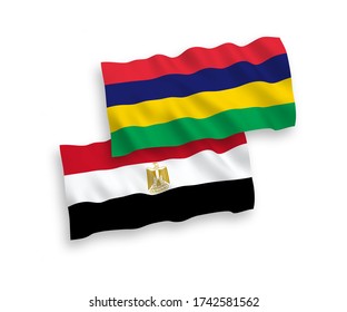 National vector fabric wave flags of Mauritius and Egypt isolated on white background. 1 to 2 proportion.