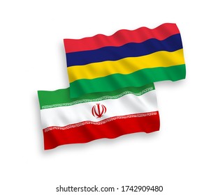 National vector fabric wave flags of Mauritius and Iran isolated on white background. 1 to 2 proportion.