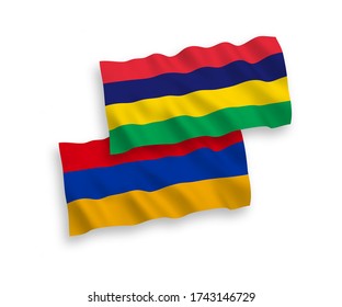 Banderas de olas de tela vectorial nacional de Mauricio y Armenia aisladas en fondo blanco. de 1 a 2.