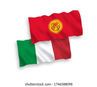 National vector fabric wave flags of Italy and Kyrgyzstan isolated on white background. 1 to 2 proportion.