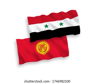 National vector fabric wave flags of Kyrgyzstan and Syria isolated on white background. 1 to 2 proportion.