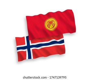 National vector fabric wave flags of Norway and Kyrgyzstan isolated on white background. 1 to 2 proportion.