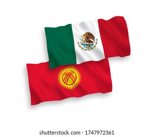 National vector fabric wave flags of Mexico and Kyrgyzstan isolated on white background. 1 to 2 proportion.