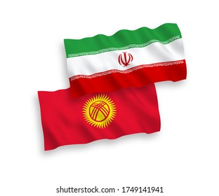 National vector fabric wave flags of Kyrgyzstan and Iran isolated on white background. 1 to 2 proportion.