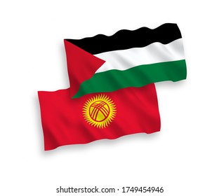 National vector fabric wave flags of Kyrgyzstan and Palestine isolated on white background. 1 to 2 proportion.
