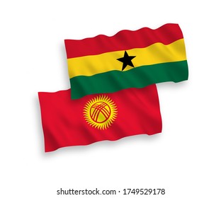 National vector fabric wave flags of Kyrgyzstan and Ghana isolated on white background. 1 to 2 proportion.
