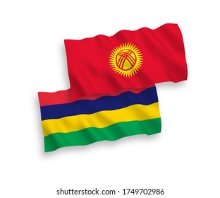 National vector fabric wave flags of Kyrgyzstan and Republic of Mauritius isolated on white background. 1 to 2 proportion.