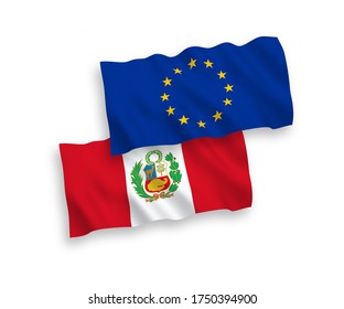 National vector fabric wave flags of European Union and Peru isolated on white background. 1 to 2 proportion.