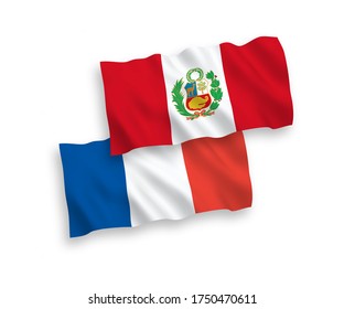 National vector fabric wave flags of France and Peru isolated on white background. 1 to 2 proportion.