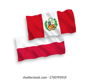 National vector fabric wave flags of Peru and Poland isolated on white background. 1 to 2 proportion.
