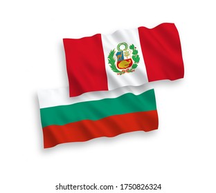 National vector fabric wave flags of Bulgaria and Peru isolated on white background. 1 to 2 proportion.