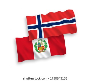 National vector fabric wave flags of Norway and Peru isolated on white background. 1 to 2 proportion.