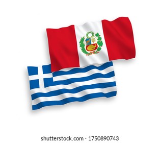 National vector fabric wave flags of Greece and Peru isolated on white background. 1 to 2 proportion.