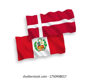 National vector fabric wave flags of Denmark and Peru isolated on white background. 1 to 2 proportion.