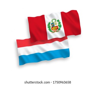 National vector fabric wave flags of Peru and Luxembourg isolated on white background. 1 to 2 proportion.