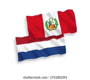 National vector fabric wave flags of Peru and Netherlands isolated on white background. 1 to 2 proportion.