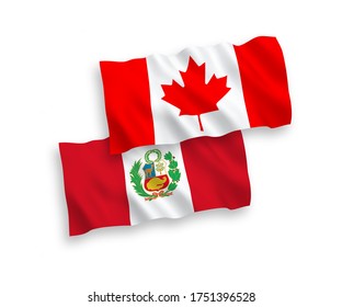 National vector fabric wave flags of Canada and Peru isolated on white background. 1 to 2 proportion.