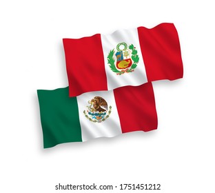 National vector fabric wave flags of Mexico and Peru isolated on white background. 1 to 2 proportion.