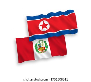 Banderas de olas de tela vectorial nacional de Corea del Norte y Perú aisladas en fondo blanco. de 1 a 2.