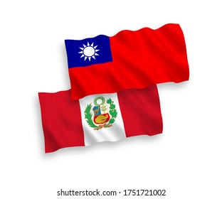 National vector fabric wave flags of Peru and Taiwan isolated on white background. 1 to 2 proportion.