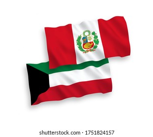National vector fabric wave flags of Peru and Kuwait isolated on white background. 1 to 2 proportion.