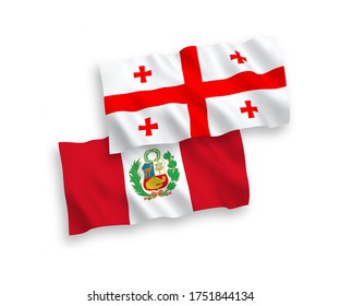 National vector fabric wave flags of Peru and Georgia isolated on white background. 1 to 2 proportion.