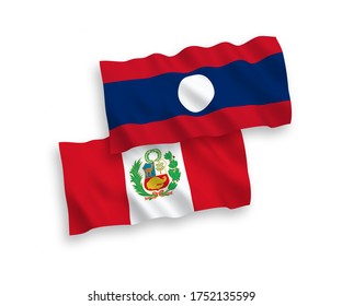 National vector fabric wave flags of Peru and Laos isolated on white background. 1 to 2 proportion.