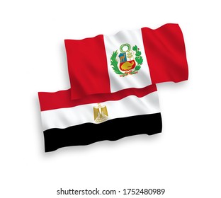 National vector fabric wave flags of Peru and Egypt isolated on white background. 1 to 2 proportion.