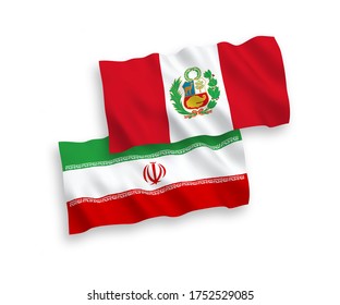 National vector fabric wave flags of Peru and Iran isolated on white background. 1 to 2 proportion.