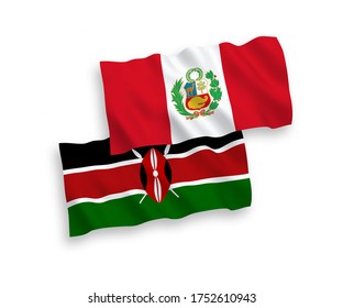 Banderas de olas de tela vectorial nacional del Perú y Kenia aisladas en fondo blanco. de 1 a 2.