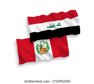 National vector fabric wave flags of Peru and Iraq isolated on white background. 1 to 2 proportion.