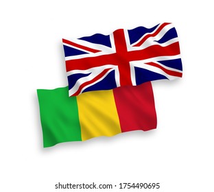 National vector fabric wave flags of Great Britain and Mali isolated on white background. 1 to 2 proportion.