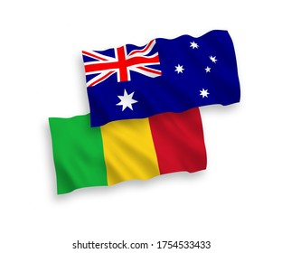 National vector fabric wave flags of Australia and Mali isolated on white background. 1 to 2 proportion.